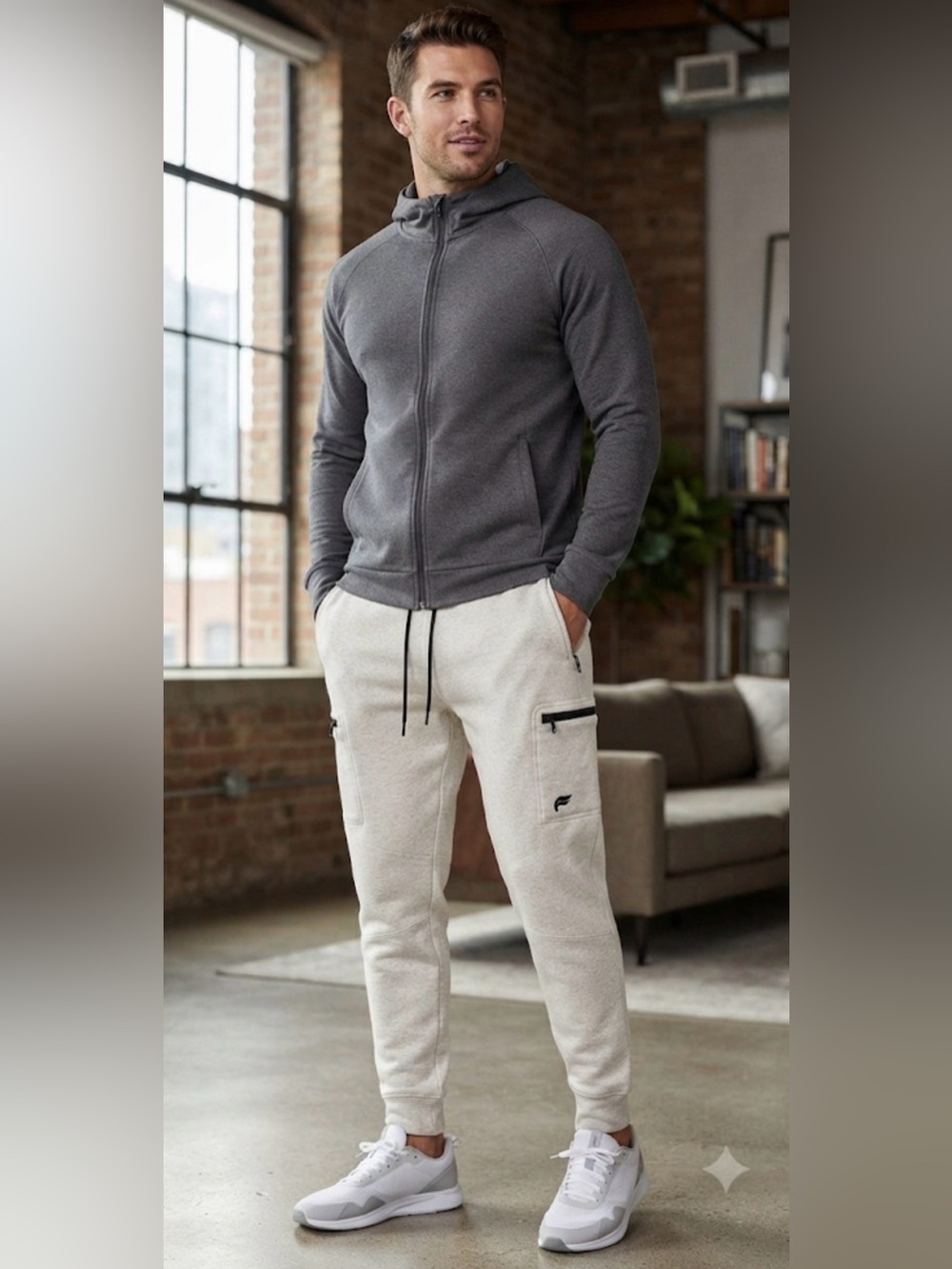 Fabletics The Go-To Cargo Jogger Men’s Fleece Sweatpants Heather Oatmeal Medium